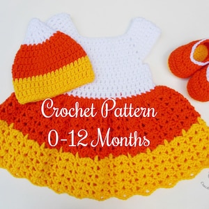CROCHET PATTERN | Baby Candy Corn Outfit: Hat, Dress, Shoes, Photo Prop, Halloween Costume, Shower Gift, PDF | Sizes 0–12 Months