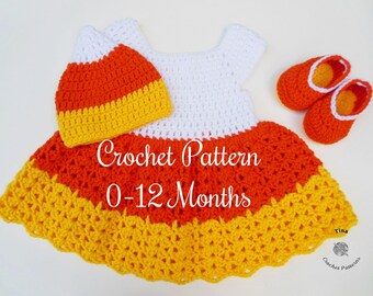 CROCHET PATTERN | Baby Candy Corn Outfit: Hat, Dress, Shoes, Photo Prop, Halloween Costume, Shower Gift, PDF | Sizes 0–12 Months