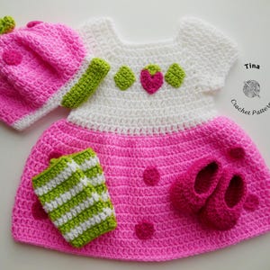 CROCHET PATTERN - Baby Strawberry Halloween Outfit in English PDF Pattern Includes Cap, Dress and Shoes for Photo Prop | Sizes 0–12 Months