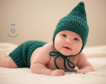 PATRÓN DE GANCHILLO / Traje de duendecillo bebé: Gorro y pantalones cortos, accesorio para fotos, disfraz de Halloween, regalo para baby shower, PDF / Tallas 0 a 12 meses