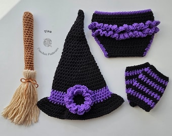 CROCHET PATTERN - Baby Witch Costume, Photo Prop, 1st Halloween, Shower Gift, Sizes 0-12 Months