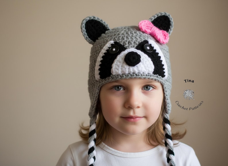 CROCHET PATTERN | Raccoon Hat, Winter Earflap Hat, Halloween Hat, Photo Prop, Shower Gift, PDF Download, Easy | Sizes from Baby to Adult image 7