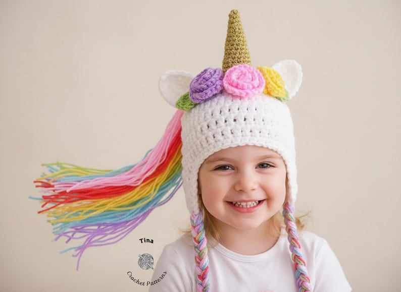MOTIF AU CROCHET | Bonnet licorne, chapeau animal d'hiver, chapeau d'Halloween, accessoire photo, cadeau de douche, PDF, facile | Tailles de bébé à adulte image 1