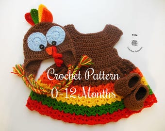 CROCHET PATTERN | Baby Turkey Outfit: Hat, Dress, Shoes, Thanksgiving Photo Prop, Halloween Costume, Shower Gift, PDF | Sizes 0–12 Months