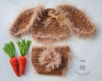 CROCHET PATTERN & VIDEO | Baby Bunny Outfit: Hat, Diaper Cover and Carrot, Easter Photo Prop, Shower Gift, pdf | Sizes 0–12 Months