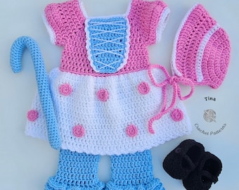CROCHET PATTERN - Baby Shepherdess Outfit, Photo Prop, Halloween Costume, Shower Gift, Sizes 0-12 Months