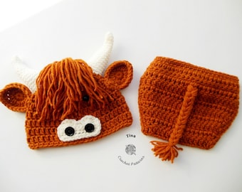 CROCHET PATTERN | Baby Highland Cow Outfit, Hat and Diaper Cover, Photo Prop, Halloween Costume, Shower Gift, PDF | Sizes 0–12 Months