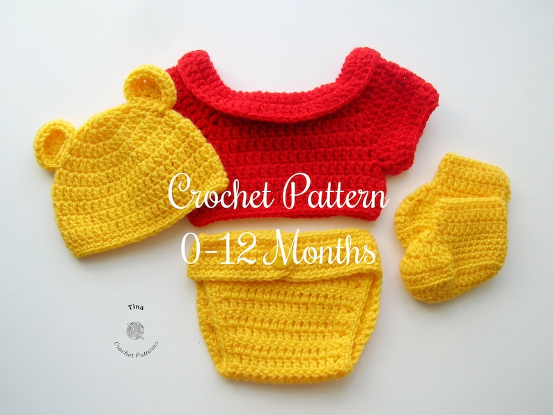 CROCHET PATTERN | Baby Winnie Bear Outfit: Hat, T-shirt, Diaper Cover, Photo Prop, Halloween Costume, Shower Gift, PDF | Sizes 0–12 Months image 4