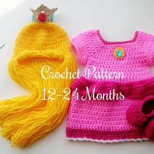 CROCHET PATTERN Baby Princess Peach Halloween Outfit in English PDF Pattern Includes Hat, Dress and Shoes | Sizes 12–18 | 18–24 Months