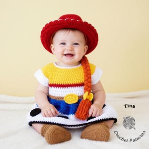 May include: A smiling baby wearing a handmade crochet costume resembling a cowgirl outfit. The costume includes a red hat, a yellow, white, red, and blue dress, and brown boots. The outfit is a playful take on a classic character.