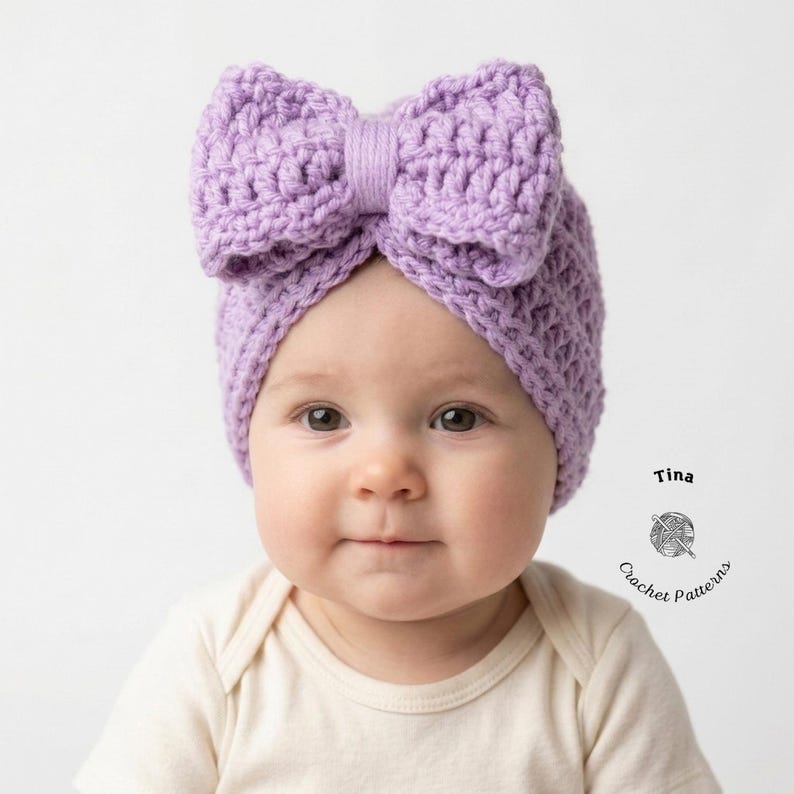 May include: A light purple crochet baby headband with a large bow. The baby is wearing a light-colored onesie. The image includes the text "Tina Crochet Patterns".