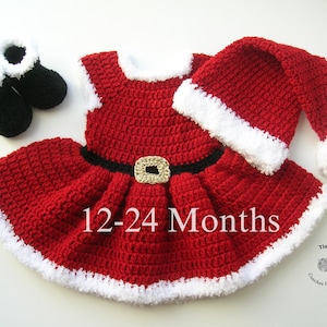 CROCHET PATTERN - Mrs. Santa Hat, Dress and Booties Outfit | Crochet Christmas Costume | Baby Girl Photo Prop | Sizes 12-18 | 18-24 months
