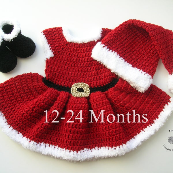 CROCHET PATTERN - Mrs. Santa Hat, Dress and Booties Outfit | Crochet Christmas Costume | Baby Girl Photo Prop | Sizes 12-18 | 18-24 months