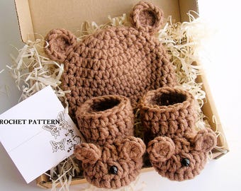 CROCHET PATTERN - Bear Baby Hat and Booties Set | Newborn Photo Prop | Crochet Animal Hat | Easy Crochet Pattern | Sizes Newborn - 12 months