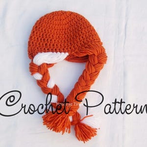 May include: Orange and white crocheted hat with long braids, labeled "Crochet Pattern".