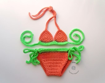 GEHAAKT PATROON | Peach babybikiniset, zomerfotorekwisiet, Halloweenkostuum, douchecadeau, Engelse pdf | Maten 0–3 | 3-6 maanden