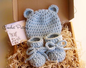 CROCHET PATTERN - Bear Baby Hat and Booties Set | Newborn Photo Prop | Crochet Animal Hat | Easy Crochet Pattern | Sizes 0–12 months