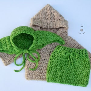 CROCHET PATTERN Green Alien Baby Bonnet, Skirt and Hoodie Outfit Crochet Halloween Costume Baby Girl Photo Prop Sizes 0 12 months image 1