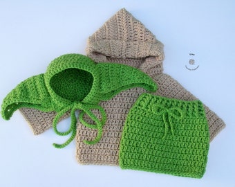 PATRÓN DE GANCHILLO Conjunto de extraterrestre verde para bebé: gorro, falda, sudadera, accesorio para fotos, disfraz de Halloween, regalo para baby shower, PDF en inglés / Tallas 0-12 meses