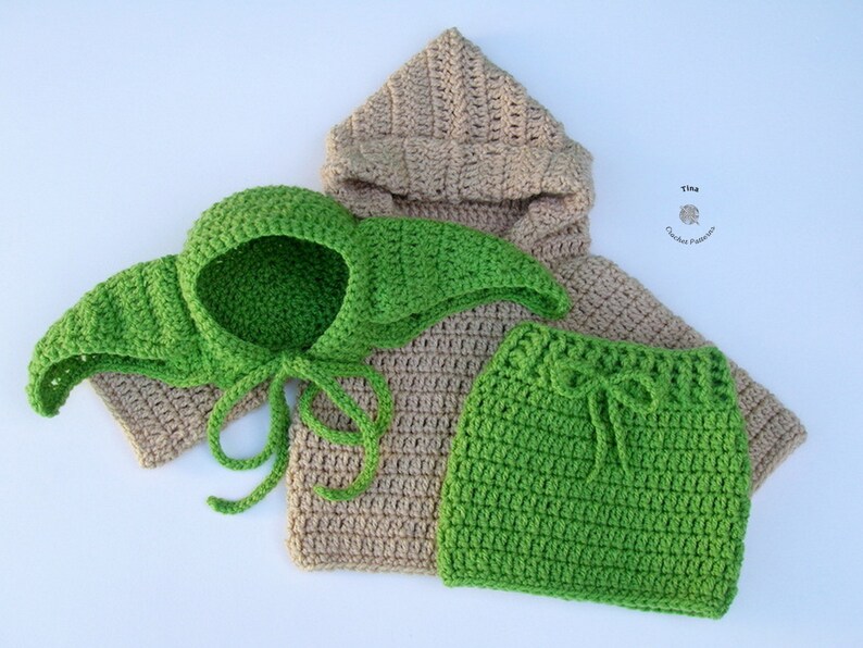 CROCHET PATTERN Green Alien Baby Bonnet, Skirt and Hoodie Outfit Crochet Halloween Costume Baby Girl Photo Prop Sizes 0 12 months image 1