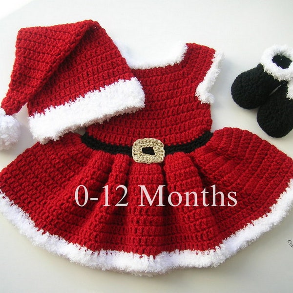 CROCHET PATTERN - Mrs. Santa Hat, Dress and Booties Outfit | Baby Photo Prop | Baby Halloween Christmas Costume | Sizes Newborn - 12 months