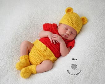CROCHET PATTERN | Baby Winnie Bear Outfit: Hat, T-shirt, Diaper Cover, Photo Prop, Halloween Costume, Shower Gift, PDF | Sizes 0–12 Months