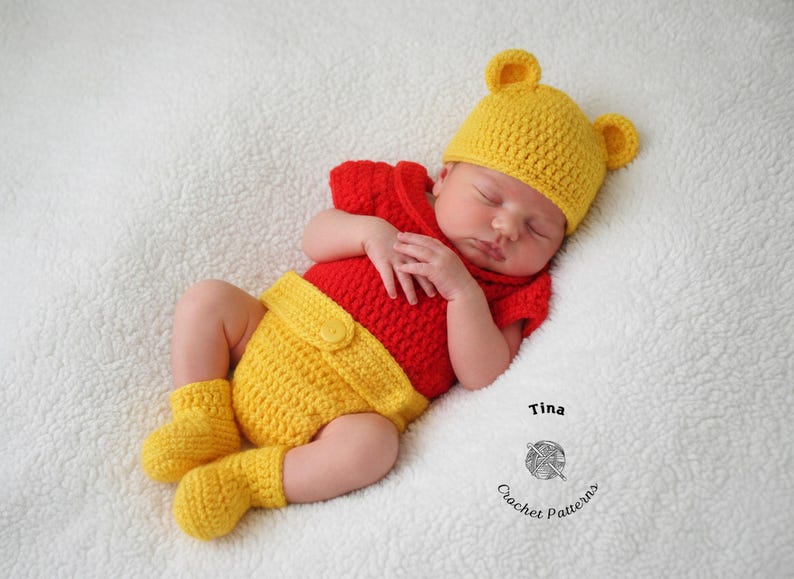 CROCHET PATTERN | Baby Winnie Bear Outfit: Hat, T-shirt, Diaper Cover, Photo Prop, Halloween Costume, Shower Gift, PDF | Sizes 0–12 Months image 3