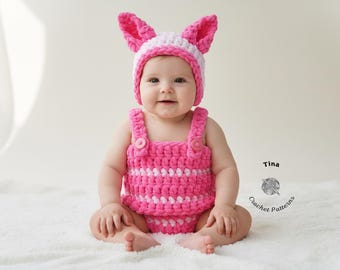 CROCHET PATTERN | Baby Piglet Outfit, Bonnet and Romper, Photo Prop, Halloween Costume, Shower Gift, PDF Download | Size Newborn