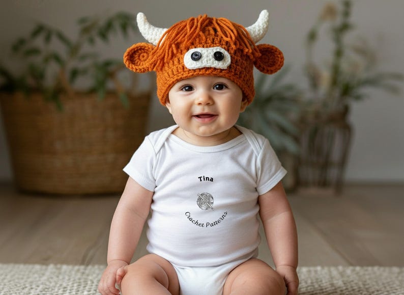 May include: A baby wearing a handmade crochet hat shaped like a Highland cow, with orange yarn and white horns. The baby is also wearing a white onesie with the name "Tina" and the text "Crochet Patterns".
