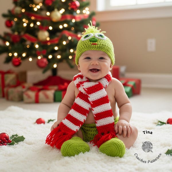 Molde de crochê para roupa de bebê ladrão: chapéu, cachecol, capa de fralda, sapatinhos, adereço para fotos, fantasia de Natal, presente para chá de bebê, PDF | Tamanhos 0–12 meses