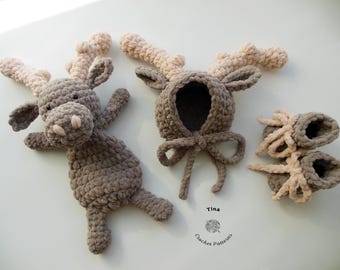 CROCHET PATTERN Baby Moose Bonnet, Booties & Toy Outfit, Photo Prop, Halloween Costume, Shower Gift, PDF Download | Sizes 0–12 Months