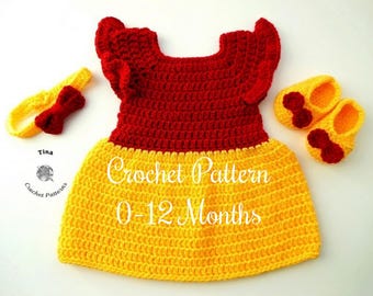 CROCHET PATTERN Baby Winnie Halloween Outfit in English PDF Pattern Includes Headband, Dress and Shoes for Photo Prop | Sizes 0-12 Months