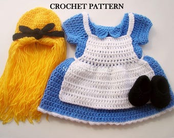 CROCHET PATTERN | Baby Alice Outfit: Dress, Wig Hat, Shoes, Photo Prop, Halloween Costume, Shower Gift, PDF Download | Sizes 0–12 Months