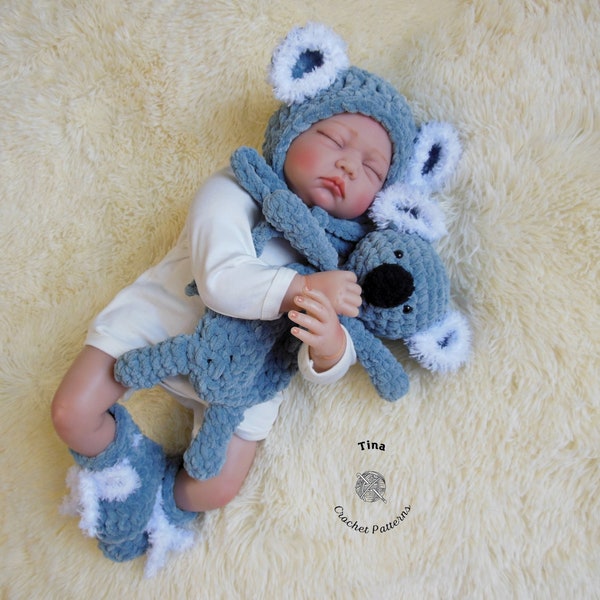 CROCHET Koala PATTERN - Koala Plush Baby Bonnet, Booties and Toy | Bear Photo Prop | Animal Hat | Easy Crochet | Sizes Newborn - 12 months