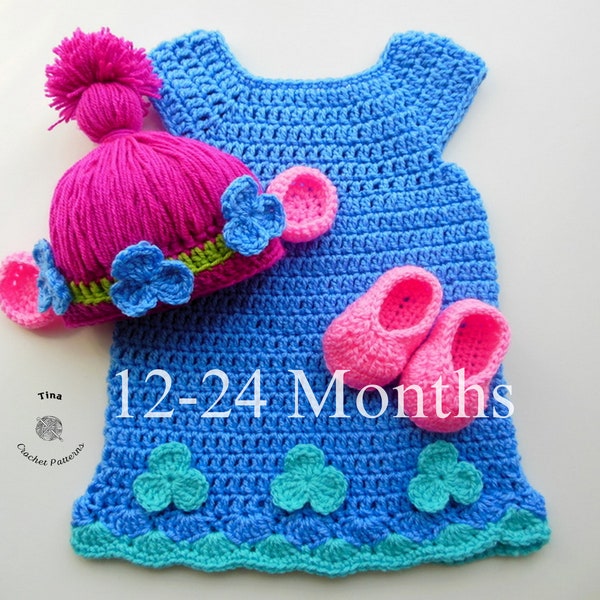 PATRÓN DE GANCHILLO - Conjunto de gorro, vestido y zapatos para bebé de Amapola Princesa / Accesorio para fotografía de niña troll / Disfraz de Halloween / Tallas 12-18 / 18-24 meses