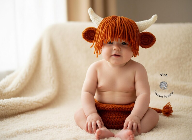 May include: A baby wearing a crocheted Highland cow costume, including a hat with horns and orange yarn hair, and a matching diaper cover. The baby is sitting on a cream-colored blanket.