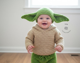 PATRÓN DE GANCHILLO Conjunto de extraterrestre verde para bebé: gorro, pantalones cortos, sudadera, accesorio para fotos, disfraz de Halloween, regalo para baby shower, descarga en PDF / Tallas 0 a 12 meses