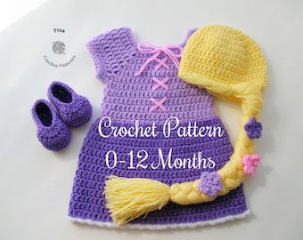 CROCHET PATTERN | Baby Princess Outfit: Hat Wig, Dress, Shoes, Photo Prop, Halloween Costume, Shower Gift, PDF Download | Sizes 0–12 Months