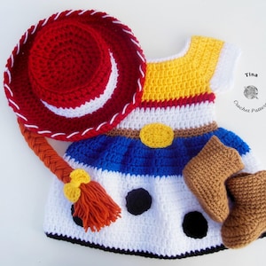 CROCHET PATTERN Baby Jessie Halloween Outfit in English PDF Pattern Includes Hat, Dress and Booties for Photo Prop  | Sizes 0-12 Months