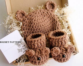 CROCHET PATTERN - Baby Bear Hat & Booties, Photo Prop, Shower Gift, Sizes Newborn - 12 Months