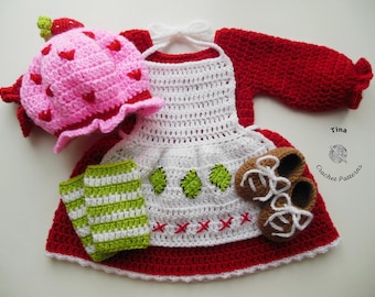 CROCHET PATTERN Baby Strawberry Birthday Outfit for Halloween in English PDF Pattern Includes Hat, Dress, Shoes | Sizes 0-12 Months