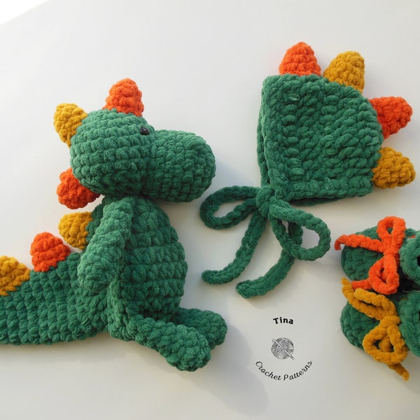 CROCHET Dinosaur PATTERN - Dinosaur Baby Bonnet, Booties and Toy | Easy Crochet Pattern | Dinosaur Photo Prop | Sizes Newborn - 12 months