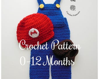 SCHEMA ALL'UNCINETTO / Cappello, tutina, scarpine per neonato Mario, accessorio per foto, costume di Halloween, regalo per la doccia, download PDF / Taglie 0–12 mesi