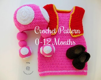 CROCHET PATTERN Baby Toadette Halloween Outfit in English PDF Pattern Includes Hat, Dress, Vest and Shoes for Photo Prop | Sizes 0–12 Months
