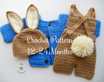 CROCHET PATTERN | Baby Rabbit Costume: Hat, Shirt and Romper, Halloween Easter Bunny Outfit, Photo Prop, English PDF |Sizes 12–24 Months