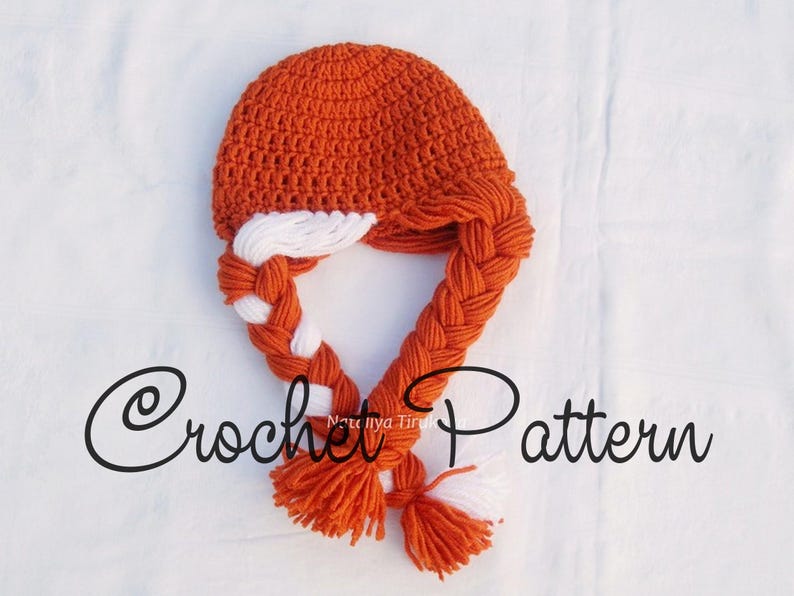 May include: Orange and white crocheted hat with long braids, labeled "Crochet Pattern".