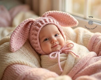 CROCHET PATTERN Easter Bunny Bonnet, Rabbit Hat, Photo Prop, Shower Gift, PDF Download, Easy | Sizes from Baby to Adult