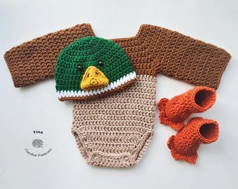 CROCHET PATTERN Baby Mallard Duck Costume: Hat, Romper, Booties, Photo Prop, Halloween Outfit, Shower Gift, PDF Download | Sizes 0–12 Months