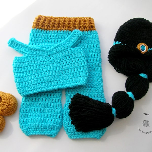 MOTIF AU CROCHET - Ensemble chapeau, haut, pantalon et chaussures de princesse | Accessoire photo bébé fille | Déguisement d'Halloween pour bébé | Tailles Nouveau-né - 12 mois