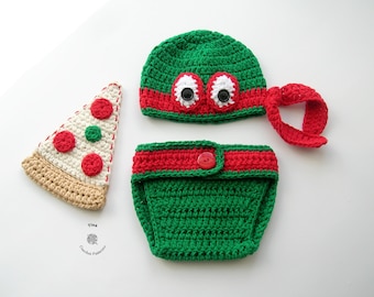 CROCHET PATTERN - Turtle Hat, Diaper Cover and  Pizza Set | Baby Halloween Costume | Baby Photo Prop | Sizes Newborn - 12 months